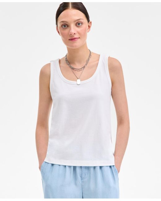 On 34th White Cotton Striped Scoop Tank Top