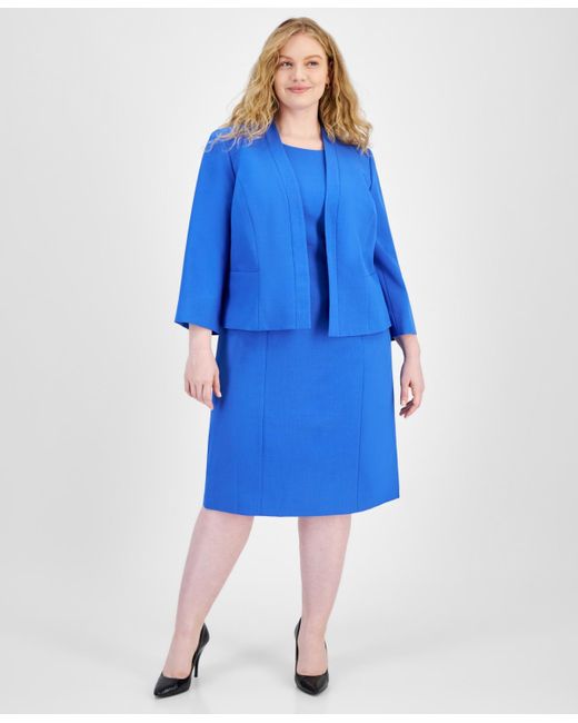 Le Suit Blue Plus Size Crepe Open Front Jacket And Crewneck Sheath Dress Suit