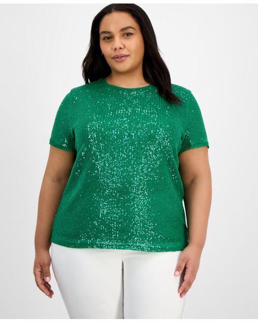 Anne Klein Green Plus Size Sequin Mesh Banded Blouse