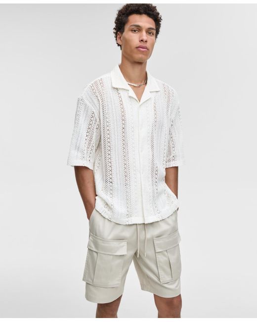Mode Of One White Relaxed-fit Textured Crochet Button-down Camp Shirt for men