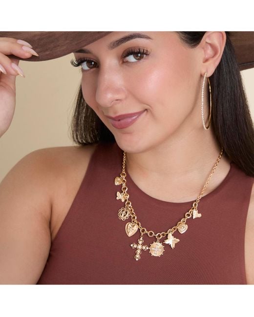 Jessica Simpson Metallic Tone Textured Cross & Heart Charm Necklace