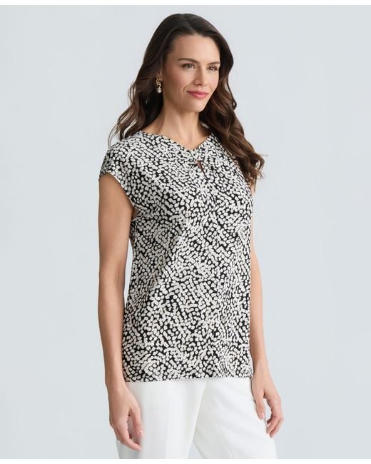 Kasper White Petite Knot Neck Pull-on Blouse