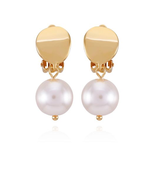 Tahari White Tone Imitation Pearls Drop Clip On Earrings