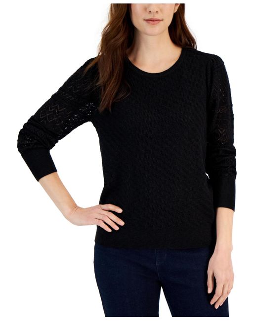 Style & Co. Black Pointelle Mixed-stitch Sweater