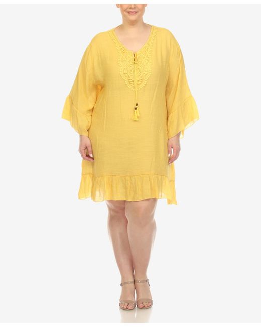 White Mark Yellow Plus Size Sheer Embroidered Knee Length Cover Up Dress