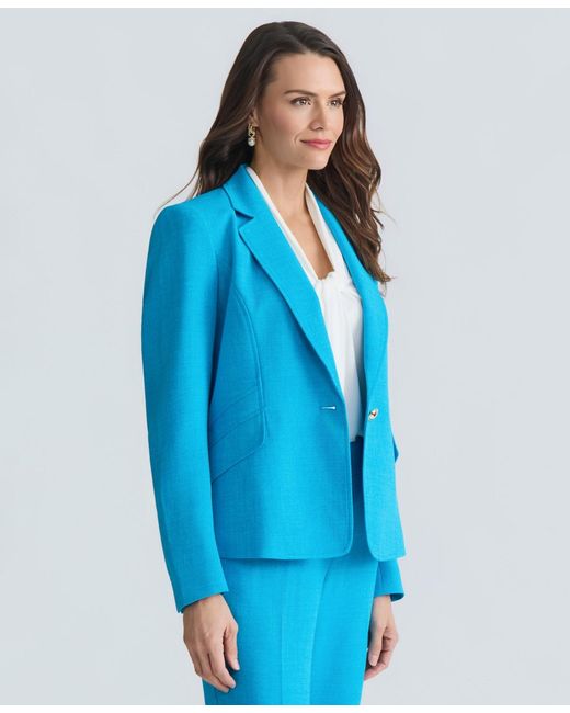 Kasper Blue Textured Notched-collar One-button Blazer