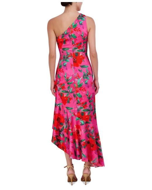 Eliza J Red Petite Floral Satin Asymmetric-hem Midi Dress