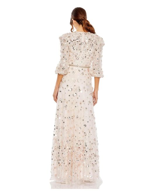 Mac Duggal Natural Floral Applique Puff Sleeve High Neck A-line Gown
