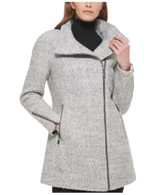 Calvin Klein Synthetic Petite Asymmetric Zipper Coat in Light Grey