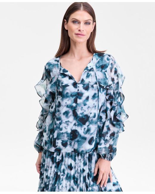 INC International Concepts Women's Blue Long-sleeve Printed Ruffle-trim  Blouse