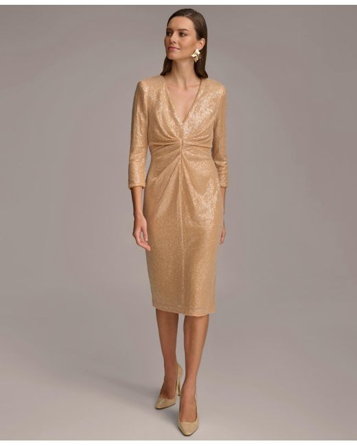 Donna Karan Brown 3/4-sleeve Sequin Sheath Dress