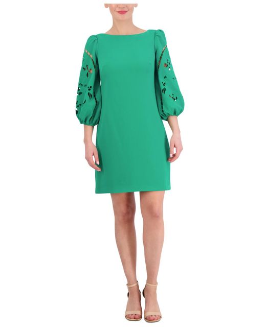 Vince Camuto Green Signature Stretch Crepe Embroidered-sleeve Shift Dress