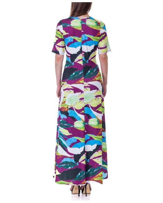24seven Comfort Apparel Blue Print Elbow Sleeve Casual A Line Maxi Dress