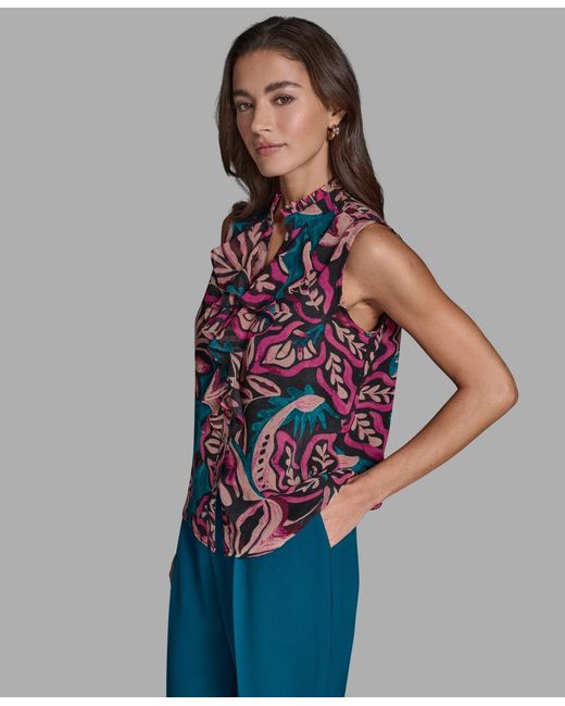 BCBGMAXAZRIA Blue Sleeveless Ruffle Front Top