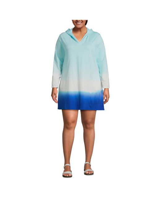 Lands' End Blue Plus Size Cotton Jersey Long Sleeve Hooded Swim Cover-up Dress