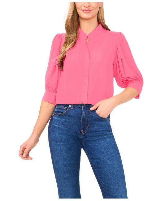 Cece Pink 3/4-sleeve Collared Button Down Top