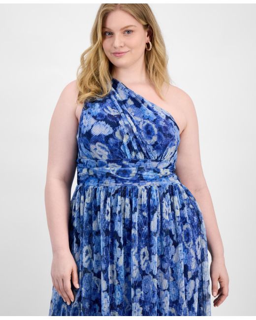 B Darlin Blue Trendy Plus Size Printed One-shoulder Gown