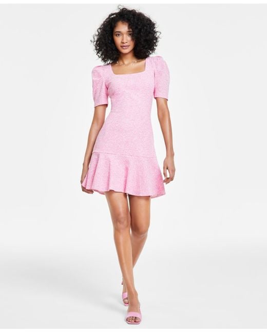 Karl Lagerfeld Pink Tweed Puff-sleeve Flounce-hem Dress