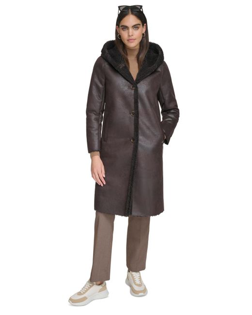 Calvin Klein Hooded Faux-shearling Trim Coat in Brown | Lyst