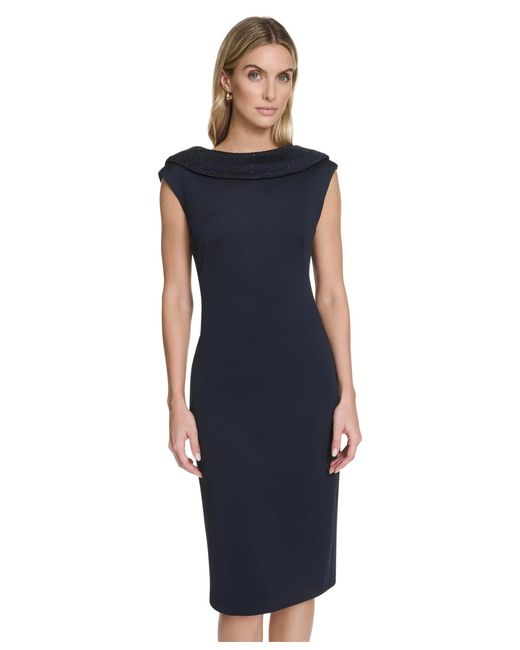Calvin Klein Beaded Sheath Midi Dress in Blue