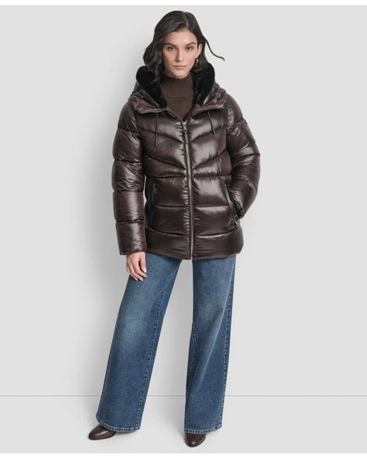 DKNY Brown Shine Hooded Puffer Coat