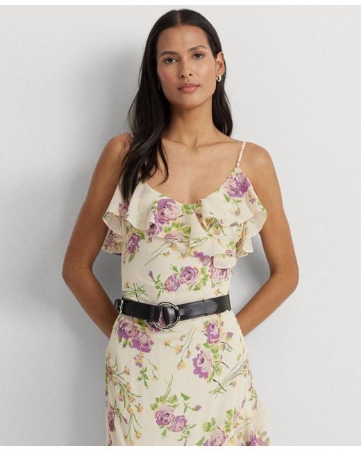 Lauren by Ralph Lauren Natural Ruffled Floral Column Gown