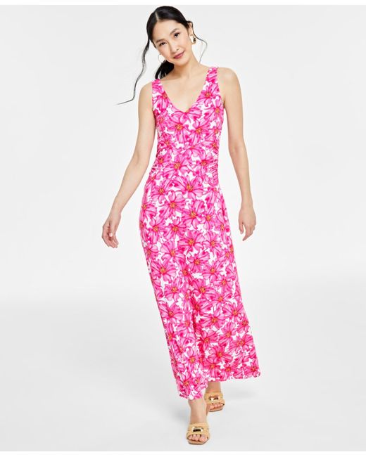 INC International Concepts Pink Floral-print Sleeveless V-neck Maxi Dress