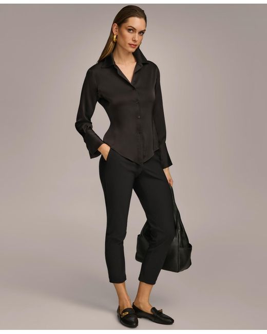 Donna Karan Black Petite Button Front Point Hem Top