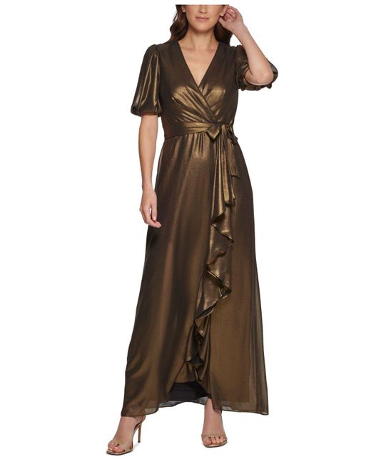 DKNY Brown V-neck Metallic Faux-wrap Short-sleeve Gown