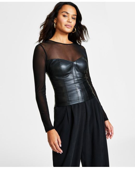 BarIII Mesh & Faux-leather Corset Top in Black