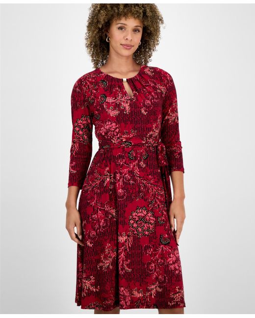 Kasper Red Printed 3/4-sleeve Midi Dress