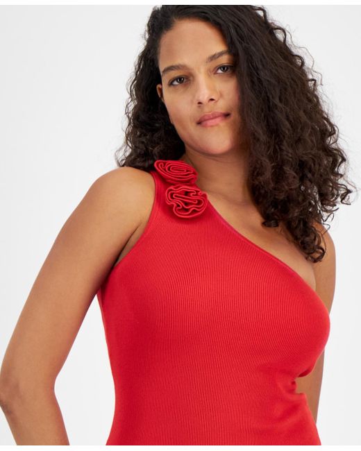 Guess Red Rosette-trim One-shoulder Ribbed Dress