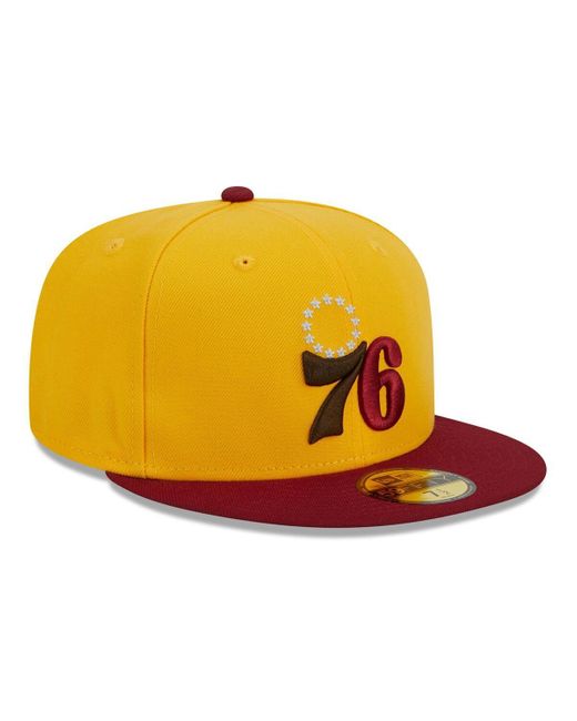KTZ Yellow/red Philadelphia 76ers Fall Leaves 2-tone 59fifty Fitted Hat for men