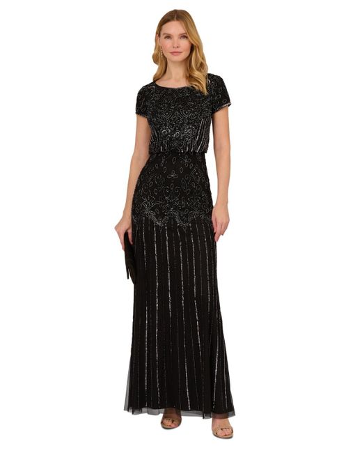 Adrianna Papell Black Beaded Short-sleeve Gown