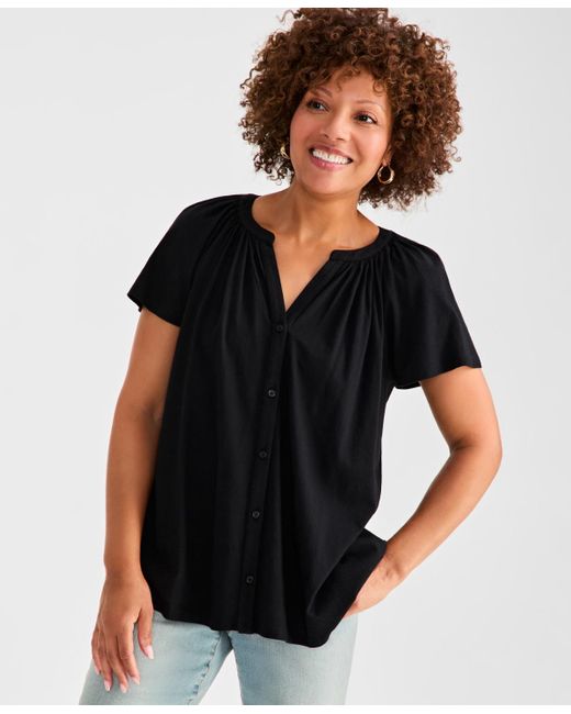 Style & Co. Black Petite Button-front Flutter-sleeve Top