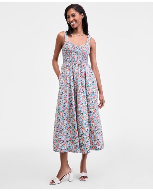 On 34th White Smocked Cotton Tank Midi Dress