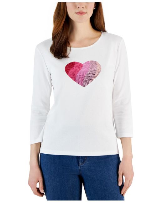 Karen Scott White Gem Heart Graphic Pullover Top