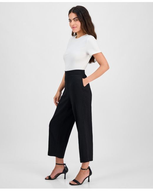 Anne Klein White Petite Textured Pull-on Mid-rise Wide-leg Pants