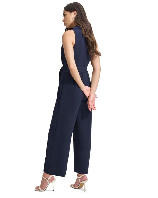DKNY Blue Surplice-neck Sleeveless Tie-waist Jumpsuit