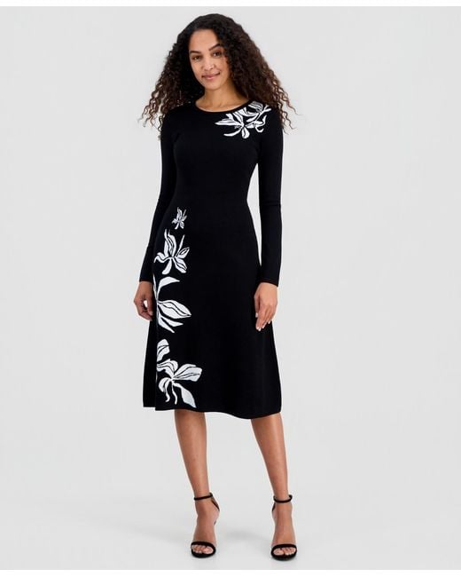 Tahari Women's Black Jacquard Florals Fit & Flare Sweaterdress Tahari Women's Black Jacquard Florals Fit & Flare Sweaterdress