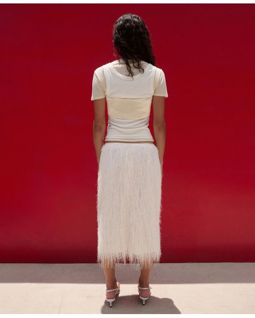 Mango White Selection Threads Midi Skirt
