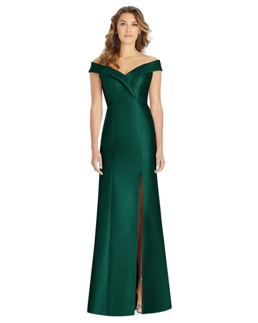 Alfred Sung Green Off-the-shoulder Satin Gown