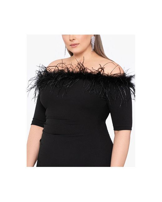 Xscape Plus Size Feather Trim Off The Shoulder Dress In Black Lyst