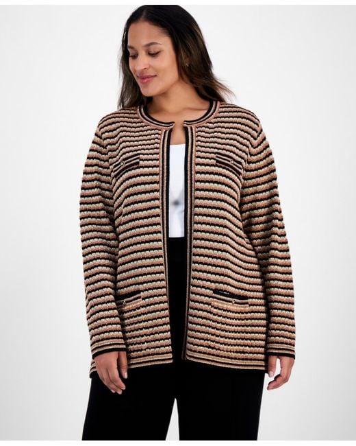 Anne Klein Brown Plus Size Long-sleeve Front-pocket Cardigan