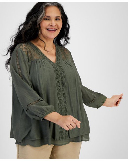 Style & Co. Green Plus Size Lace-trim Long-sleeve Top