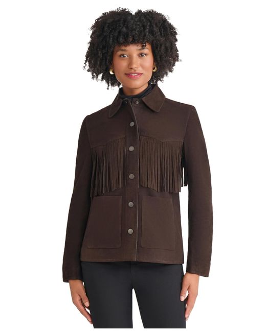 Jones New York Brown Fringe Suede Patch Long Sleeve Jacket