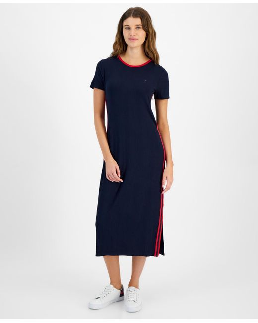 Tommy Hilfiger Blue Contrast-stripe Ribbed Knit Midi Dress