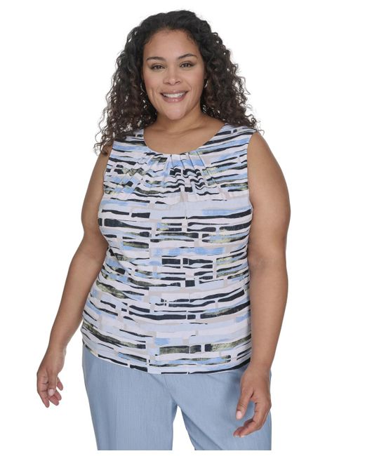 Calvin Klein Blue Plus Size Pleated Print-neck Top