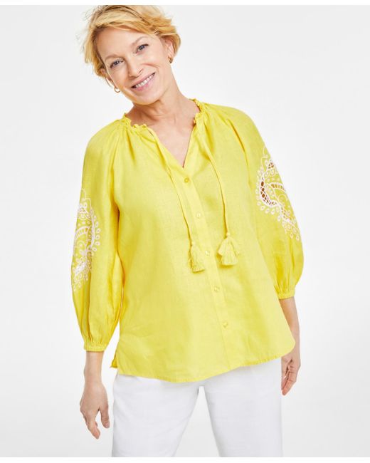 Charter Club Yellow 100% Linen Embroidered-sleeve Peasant Top