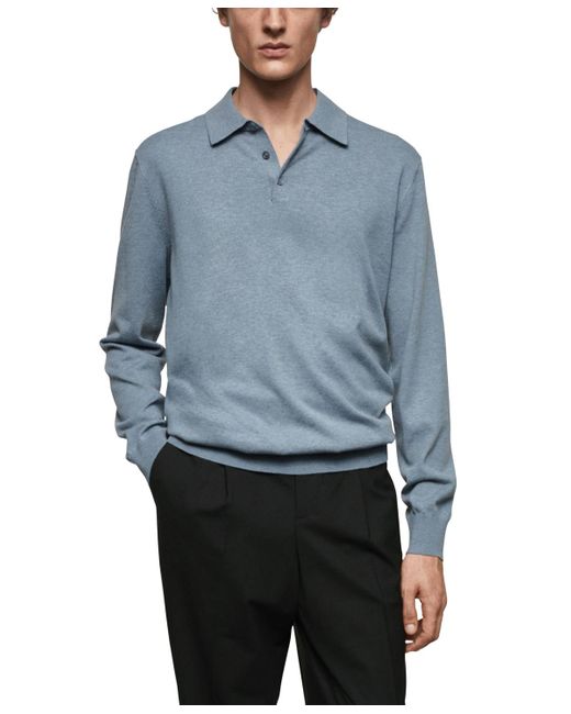 Mango Blue Long-sleeved Cotton Jersey Polo Shirt